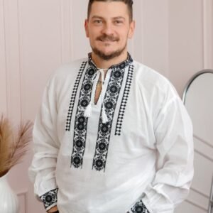 Camasa barbateasca traditionala alba cu motiv floral negru Mircea 02