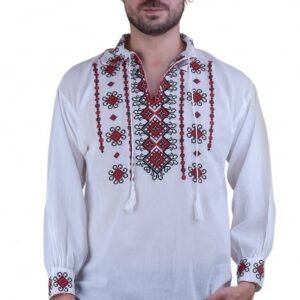 Camasa barbateasca traditionala alba cu motiv floral rosu Cristian 02