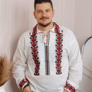 Camasa barbateasca traditionala alba cu motiv floral rosu David 01