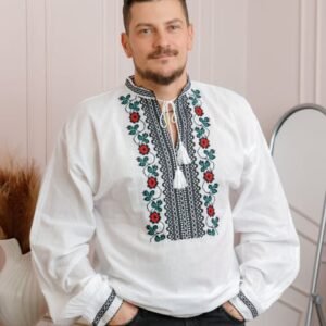 Camasa barbateasca traditionala alba cu motiv floral rosu Denis