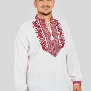 Camasa barbateasca traditionala alba cu motiv floral rosu Dominic 03
