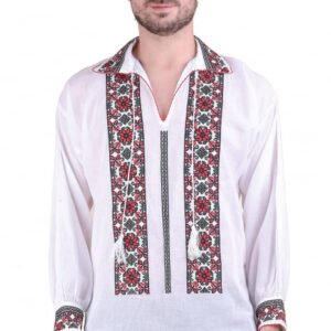 Camasa barbateasca traditionala alba cu motiv floral rosu Gabriel 01