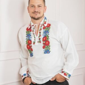 Camasa barbateasca traditionala alba cu motiv floral rosu Ianis