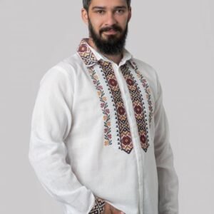Camasa barbateasca traditionala alba cu motiv floral rosu Ioan 01
