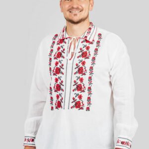 Camasa barbateasca traditionala alba cu motiv floral rosu Liviu 02