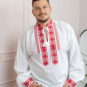 Camasa barbateasca traditionala alba cu motiv floral rosu Mircea 01