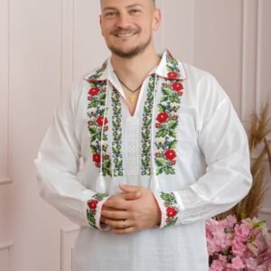 Camasa barbateasca traditionala alba cu motiv floral rosu Mugur