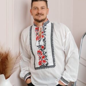 Camasa barbateasca traditionala alba cu motiv floral rosu Sabin