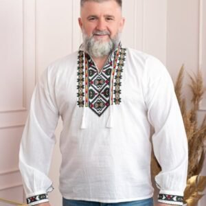 Camasa barbateasca traditionala alba cu motiv floral verde Catalin