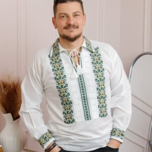 Camasa barbateasca traditionala alba cu motiv floral verde David 02