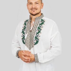 Camasa barbateasca traditionala alba cu motiv floral verde Dominic 01
