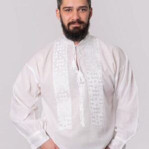 Camasa barbateasca traditionala alba cu motiv geometric alb Iacob 01