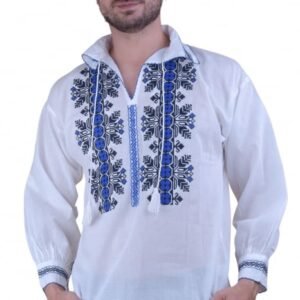 Camasa barbateasca traditionala alba cu motiv geometric albastru Alexandru 02