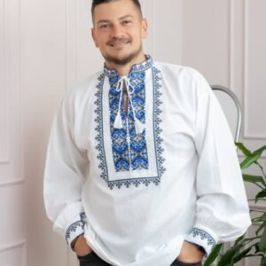 Camasa barbateasca traditionala alba cu motiv geometric albastru Alin