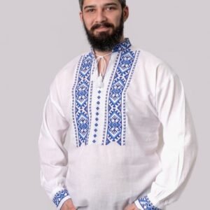 Camasa barbateasca traditionala alba cu motiv geometric albastru Carol 02