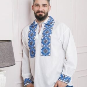 Camasa barbateasca traditionala alba cu motiv geometric albastru Costin