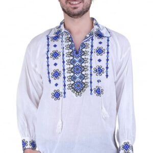 Camasa barbateasca traditionala alba cu motiv geometric albastru Cristian 01