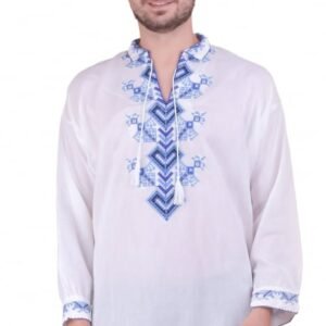 Camasa barbateasca traditionala alba cu motiv geometric albastru Eduard 01