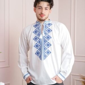 Camasa barbateasca traditionala alba cu motiv geometric albastru Emil 02