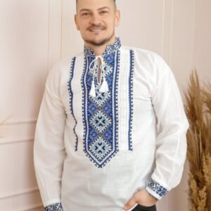 Camasa barbateasca traditionala alba cu motiv geometric albastru Flavius