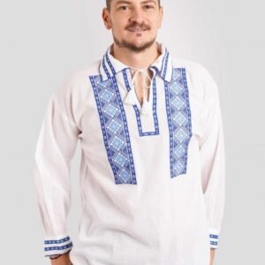Camasa barbateasca traditionala alba cu motiv geometric albastru Georgian