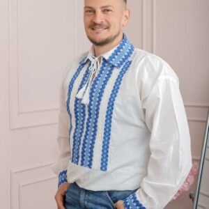 Camasa barbateasca traditionala alba cu motiv geometric albastru Horia 02