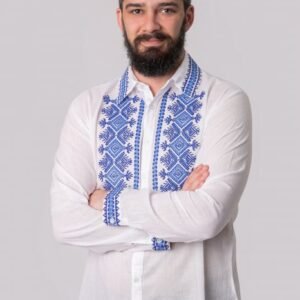 Camasa barbateasca traditionala alba cu motiv geometric albastru Ivan 02