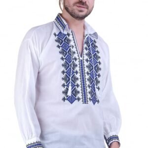 Camasa barbateasca traditionala alba cu motiv geometric albastru Ivan 05