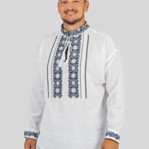 Camasa barbateasca traditionala alba cu motiv geometric albastru Luca 01