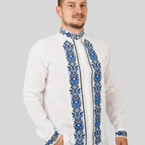 Camasa barbateasca traditionala alba cu motiv geometric albastru Ovidiu 01