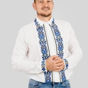 Camasa barbateasca traditionala alba cu motiv geometric albastru Ovidiu 02
