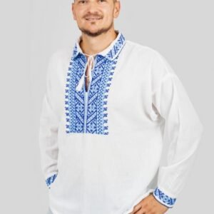 Camasa barbateasca traditionala alba cu motiv geometric albastru Pavel 02