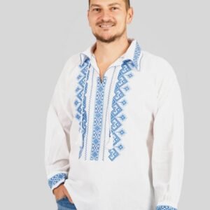 Camasa barbateasca traditionala alba cu motiv geometric albastru Petru 02