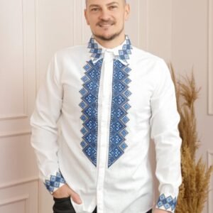 Camasa barbateasca traditionala alba cu motiv geometric albastru Petru 08