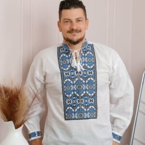 Camasa barbateasca traditionala alba cu motiv geometric albastru Rares