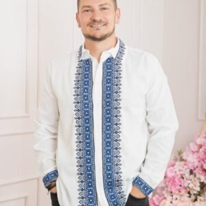 Camasa barbateasca traditionala alba cu motiv geometric albastru Razvan 02
