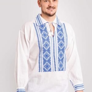 Camasa barbateasca traditionala alba cu motiv geometric albastru Serban