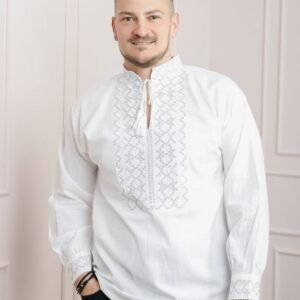 Camasa barbateasca traditionala alba cu motiv geometric argintiu Cezar 02
