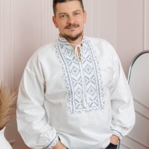 Camasa barbateasca traditionala alba cu motiv geometric argintiu Silviu 01