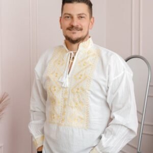 Camasa barbateasca traditionala alba cu motiv geometric auriu Sebastian 02