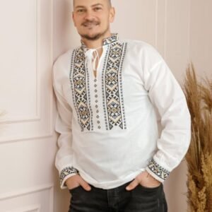 Camasa barbateasca traditionala alba cu motiv geometric crem Carol 03