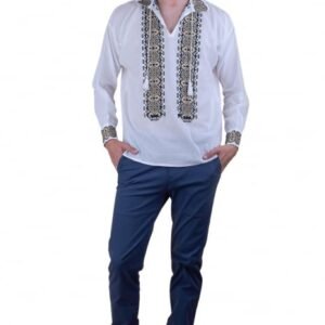 Camasa barbateasca traditionala alba cu motiv geometric crem Ionut