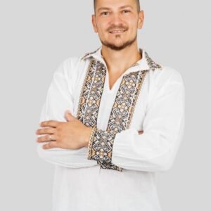 Camasa barbateasca traditionala alba cu motiv geometric crem Toma 02