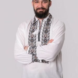 Camasa barbateasca traditionala alba cu motiv geometric maro Arthur