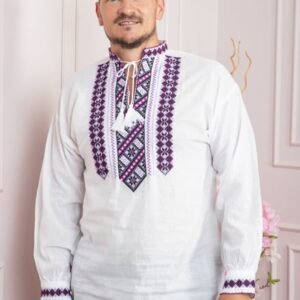 Camasa barbateasca traditionala alba cu motiv geometric mov Valentin