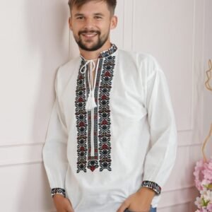 Camasa barbateasca traditionala alba cu motiv geometric multicolor Damian