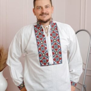 Camasa barbateasca traditionala alba cu motiv geometric multicolor Daniel