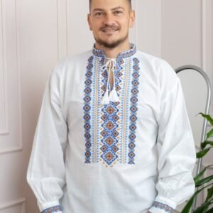 Camasa barbateasca traditionala alba cu motiv geometric multicolor Eric