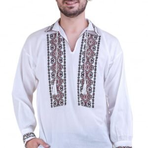Camasa barbateasca traditionala alba cu motiv geometric multicolor Iulian 02