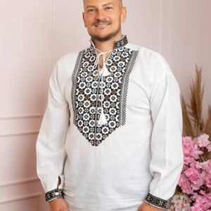 Camasa barbateasca traditionala alba cu motiv geometric multicolor Mihai